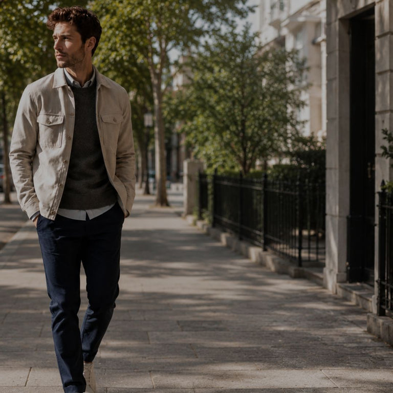 Man walking on a city street wearing a beige jacket and dark jeans.
