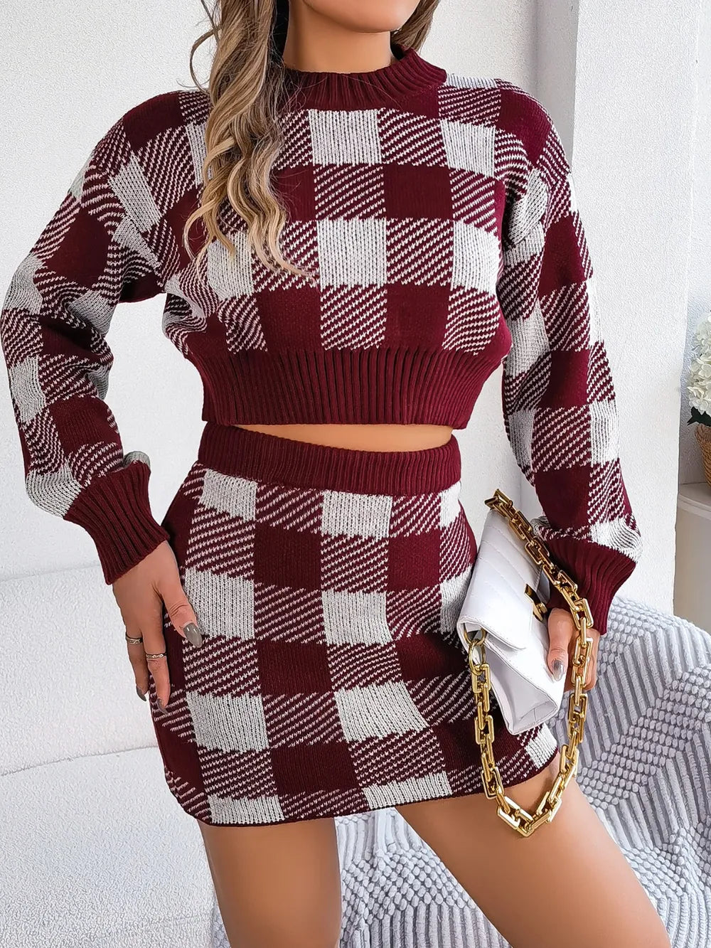 Plaid Sweater Set – Round Neck Top & Skirt Outfit