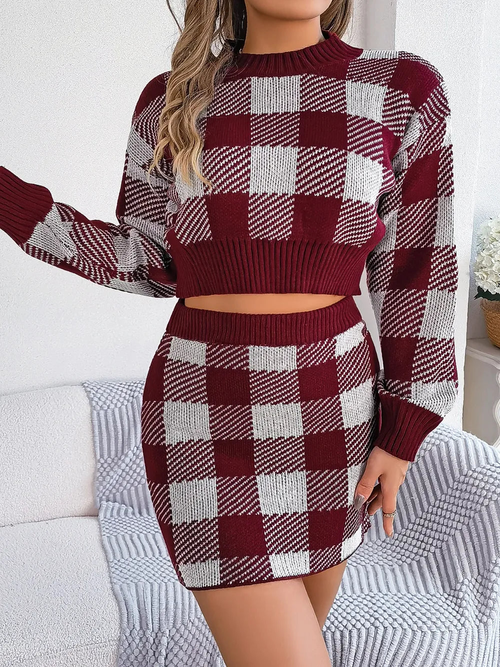 Plaid Sweater Set – Round Neck Top & Skirt Outfit