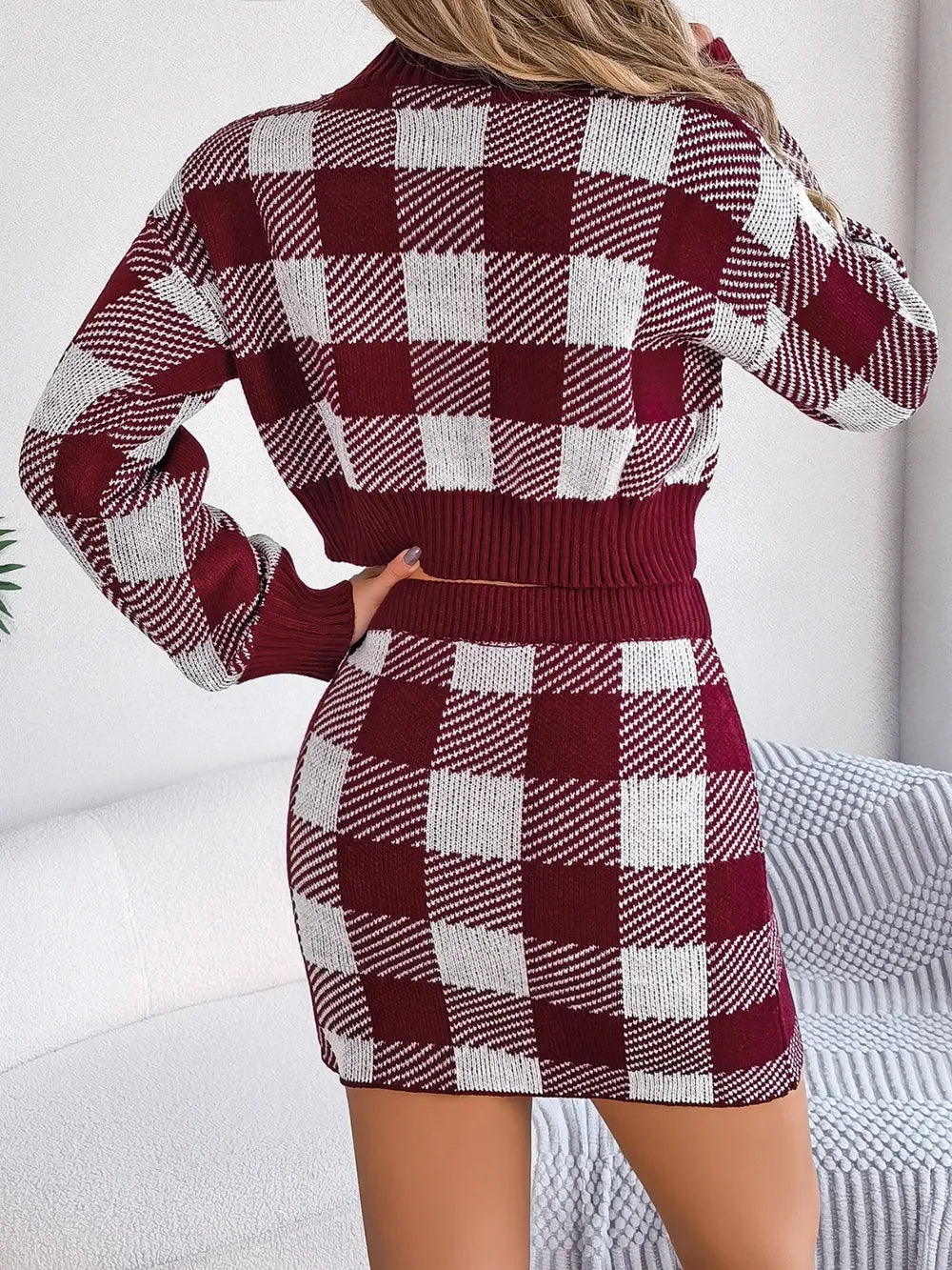 Plaid Sweater Set – Round Neck Top & Skirt Outfit