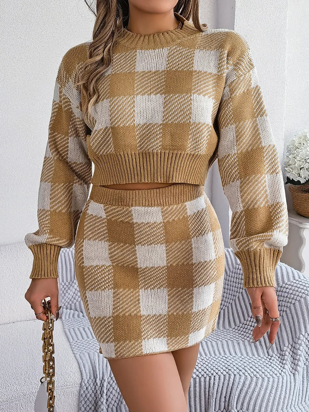 Plaid Sweater Set – Round Neck Top & Skirt Outfit