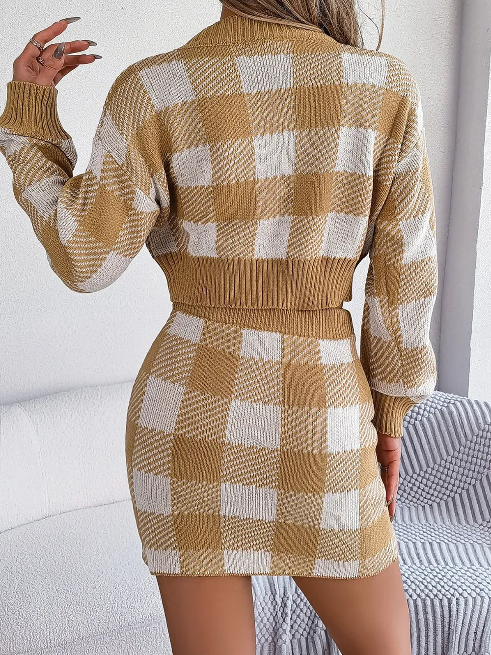 Plaid Sweater Set – Round Neck Top & Skirt Outfit