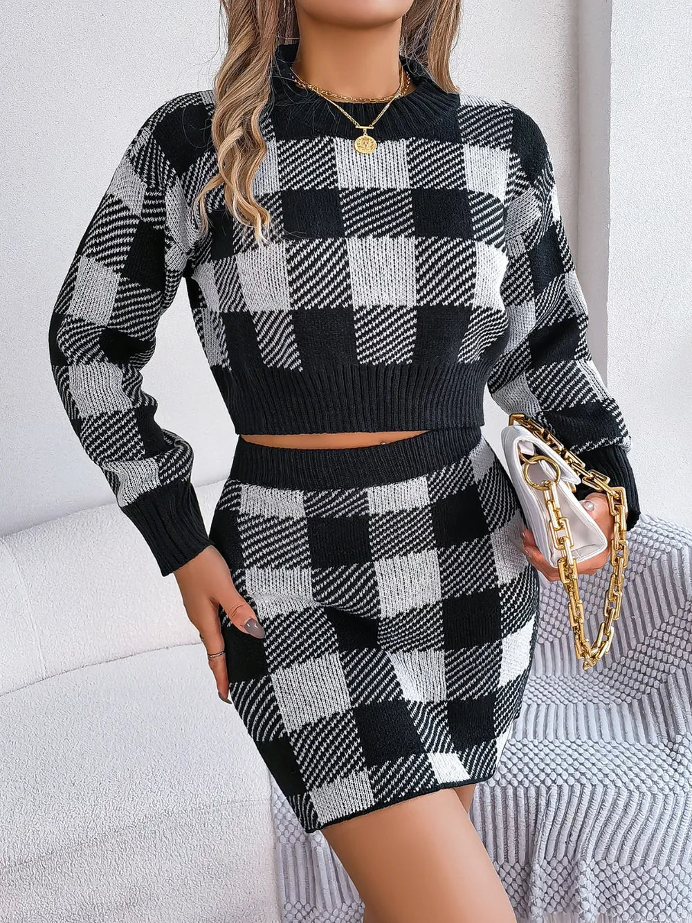 Plaid Sweater Set – Round Neck Top & Skirt Outfit