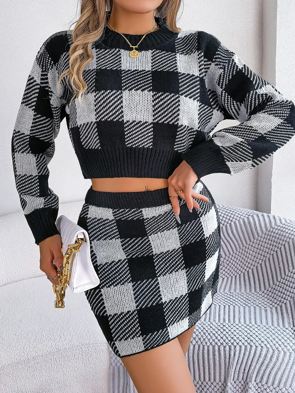 Plaid Sweater Set – Round Neck Top & Skirt Outfit