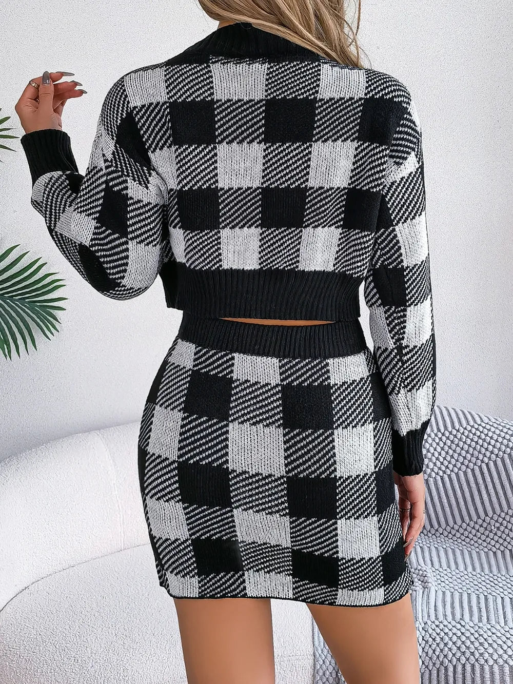 Plaid Sweater Set – Round Neck Top & Skirt Outfit