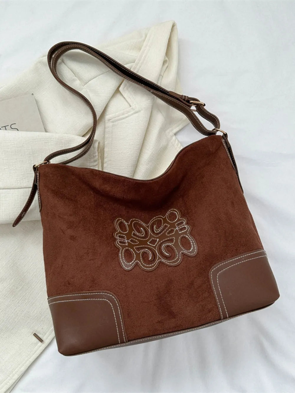 Suede Patch Tote Bag – Adjustable Strap Shoulder Handbag