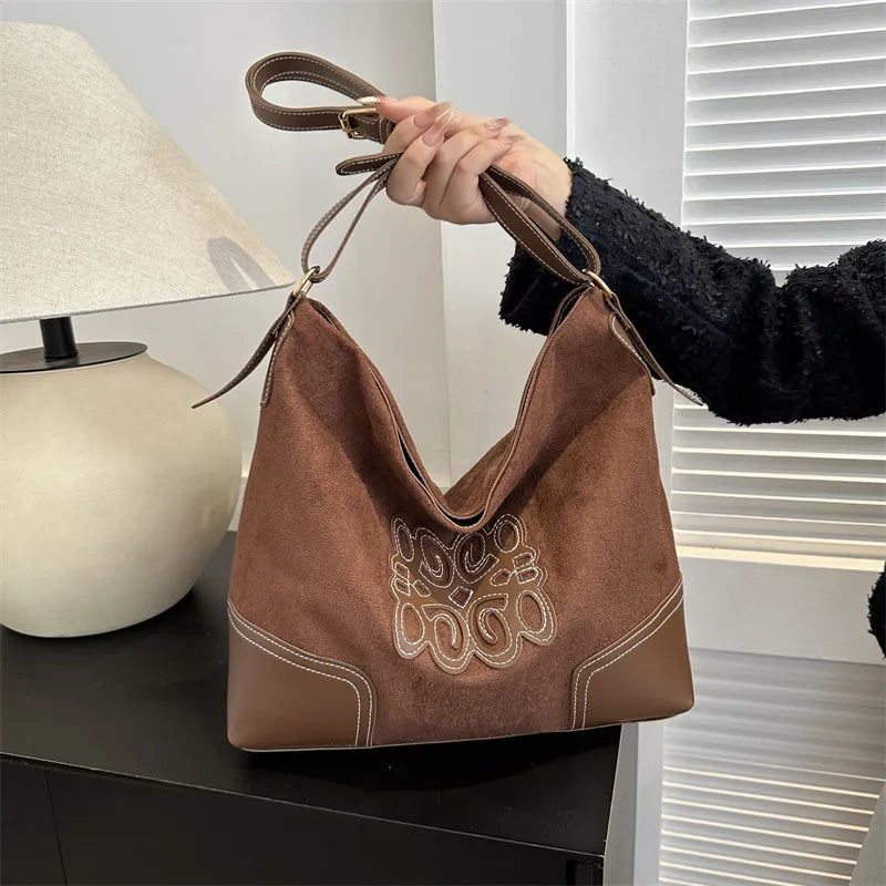 Suede Patch Tote Bag – Adjustable Strap Shoulder Handbag