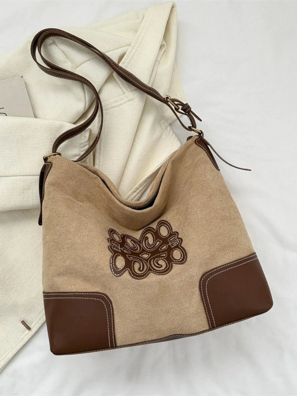 Suede Patch Tote Bag – Adjustable Strap Shoulder Handbag