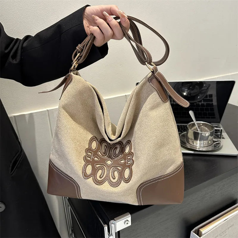 Suede Patch Tote Bag – Adjustable Strap Shoulder Handbag