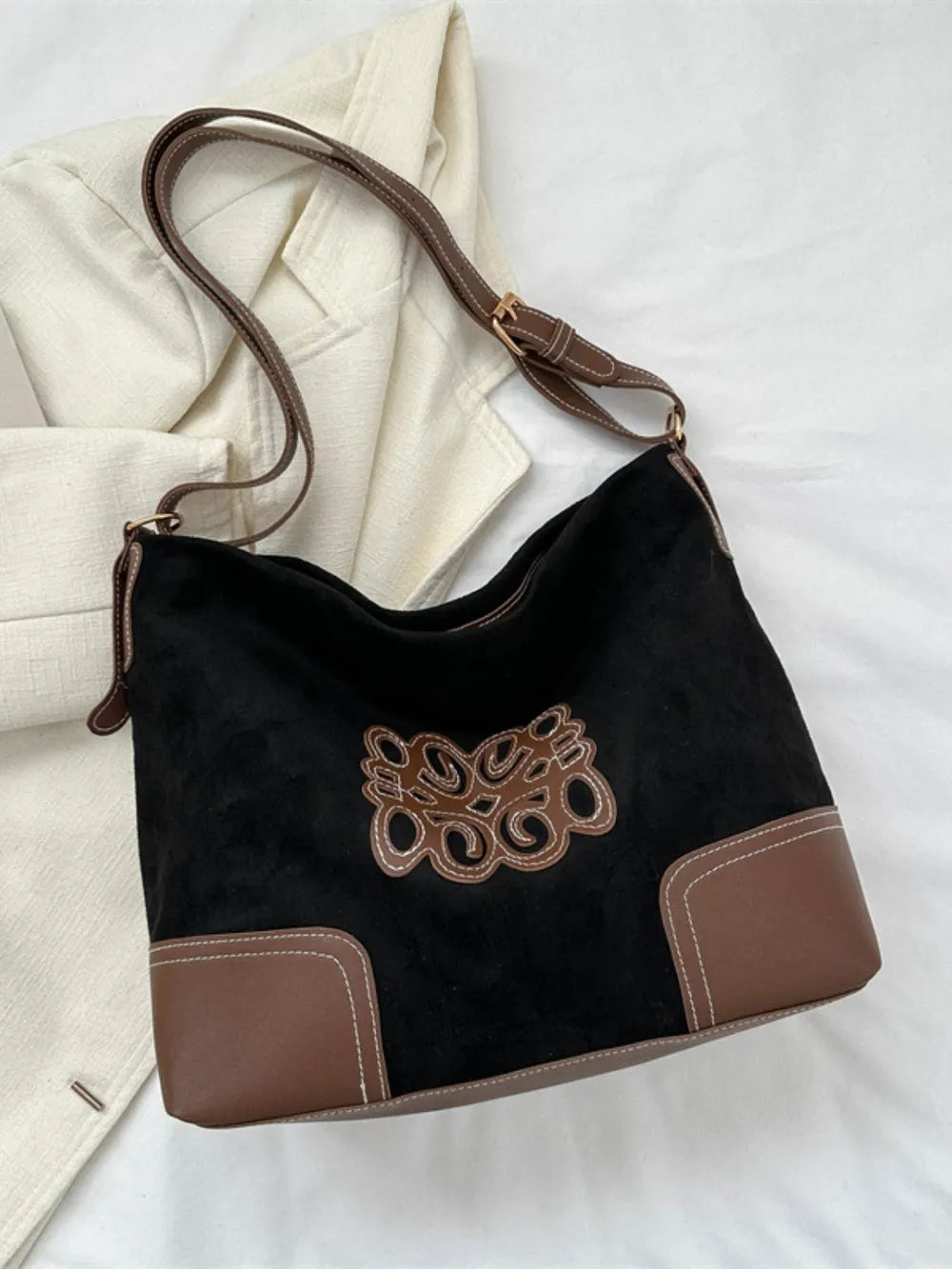 Suede Patch Tote Bag – Adjustable Strap Shoulder Handbag