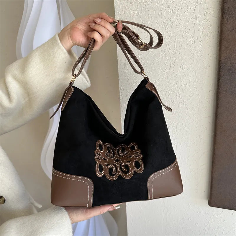 Suede Patch Tote Bag – Adjustable Strap Shoulder Handbag