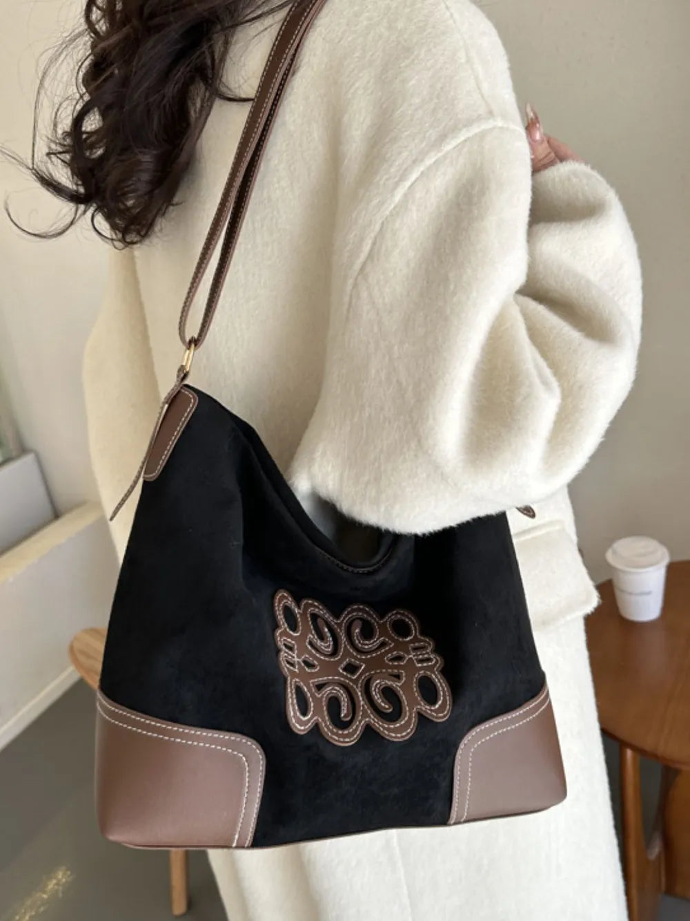 Suede Patch Tote Bag – Adjustable Strap Shoulder Handbag