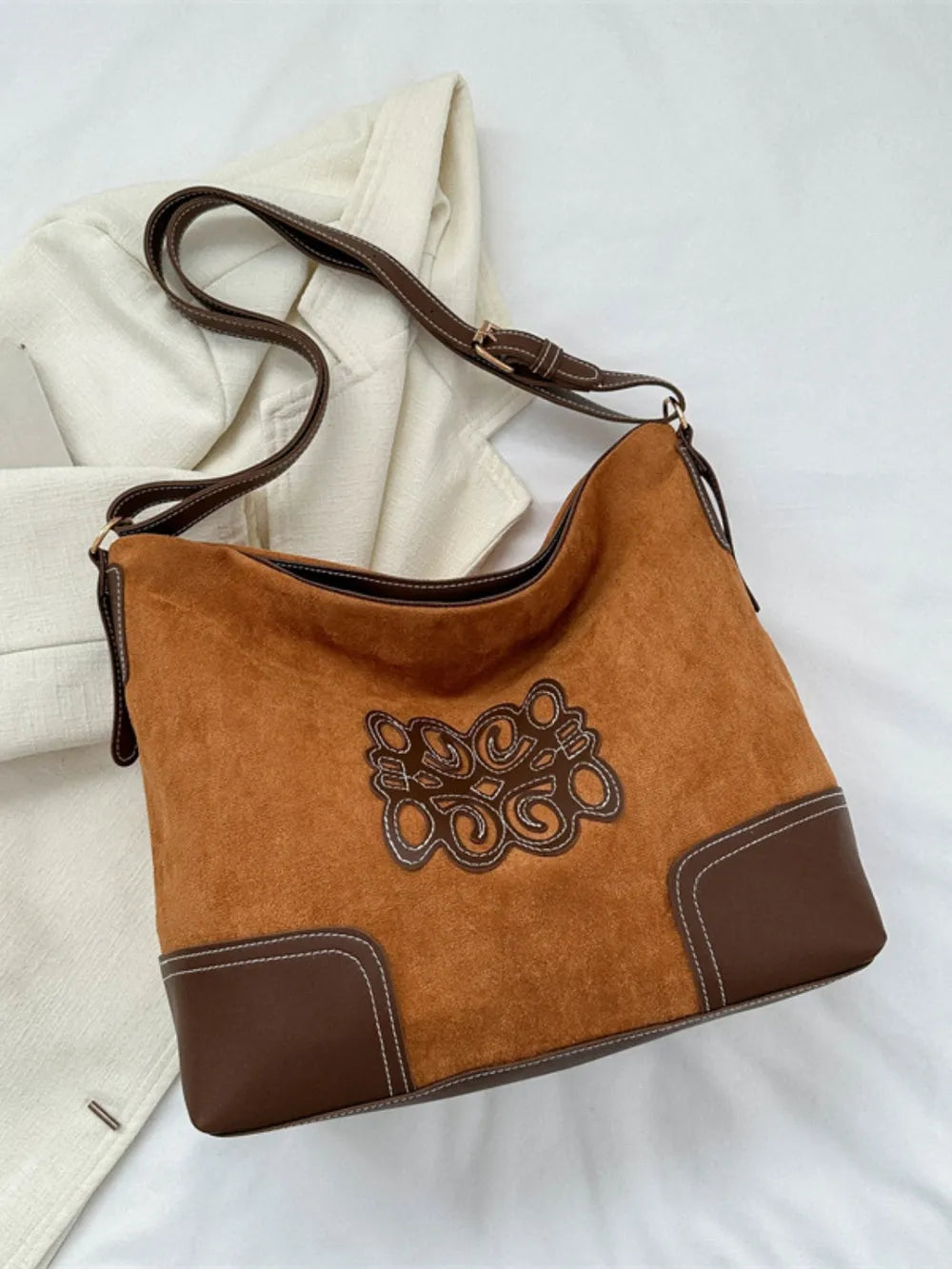 Suede Patch Tote Bag – Adjustable Strap Shoulder Handbag