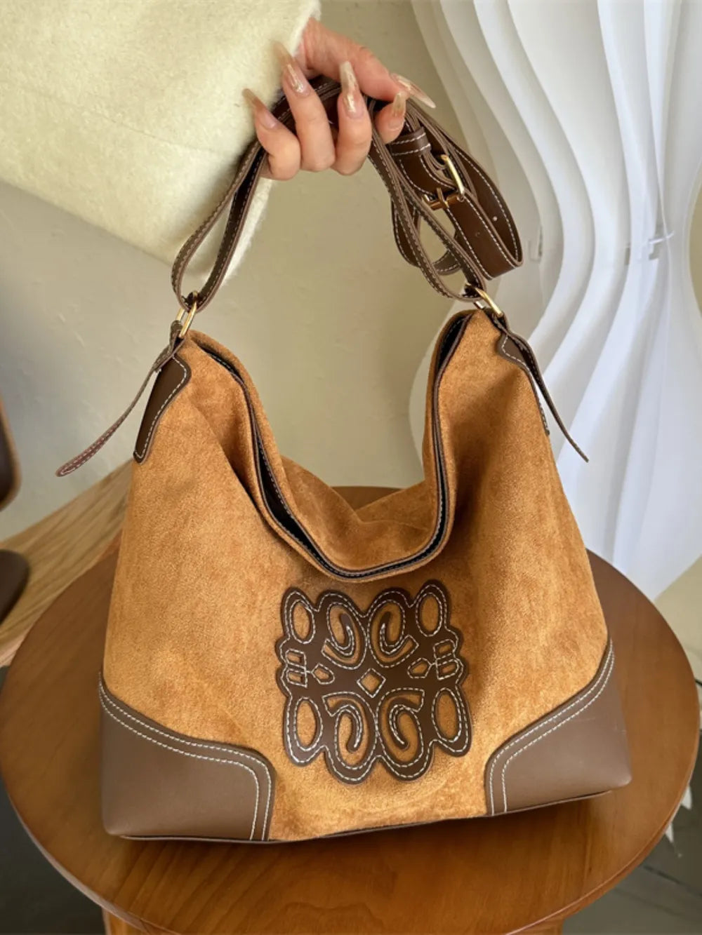 Suede Patch Tote Bag – Adjustable Strap Shoulder Handbag