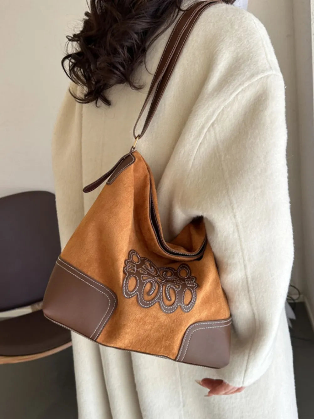 Suede Patch Tote Bag – Adjustable Strap Shoulder Handbag