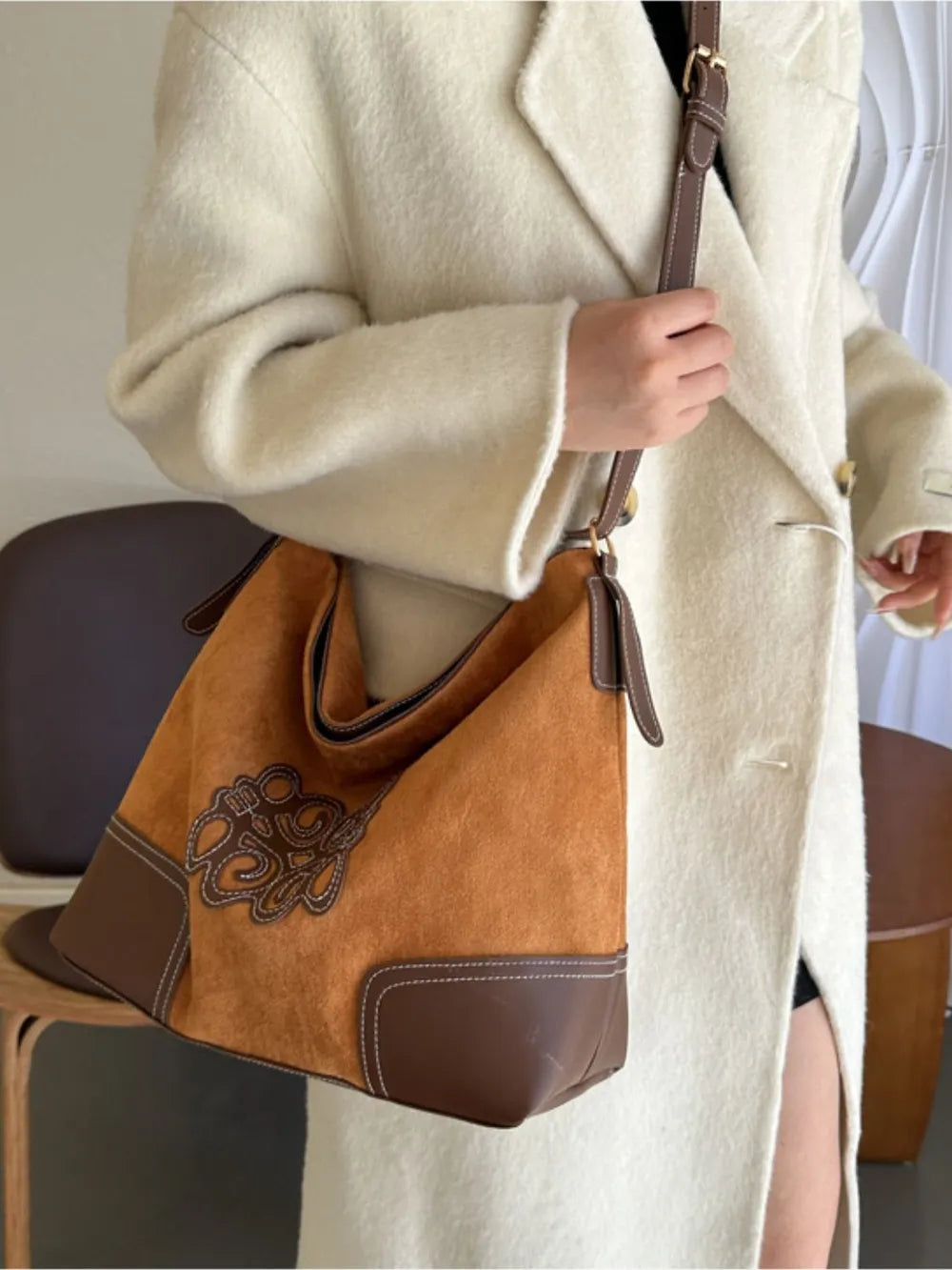 Suede Patch Tote Bag – Adjustable Strap Shoulder Handbag