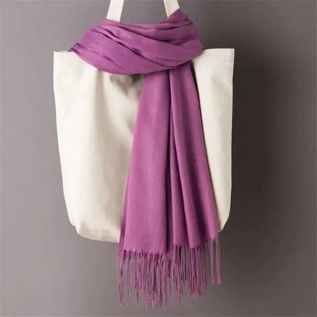 Women’s Winter Wool Scarf – Solid Color Tassel Shawl Wrap