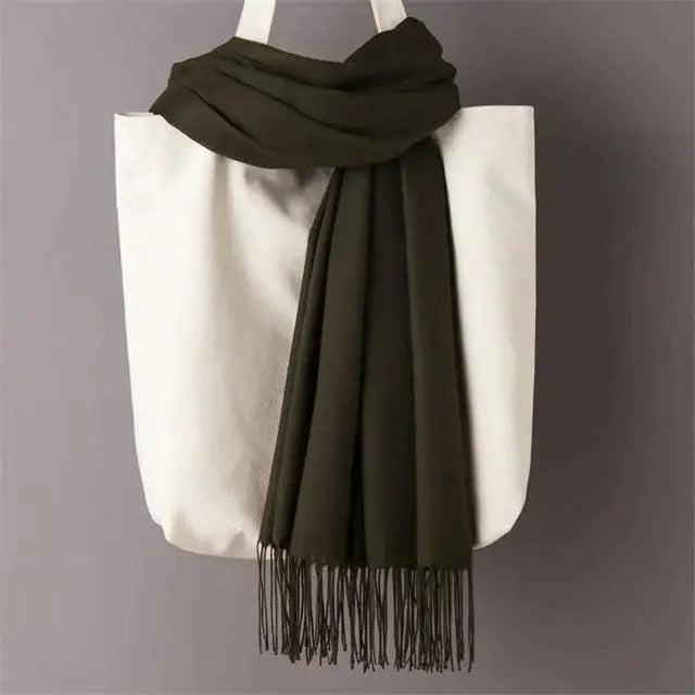 Women’s Winter Wool Scarf – Solid Color Tassel Shawl Wrap