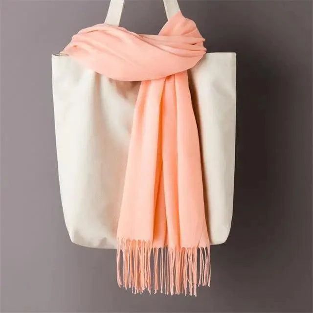 Women’s Winter Wool Scarf – Solid Color Tassel Shawl Wrap