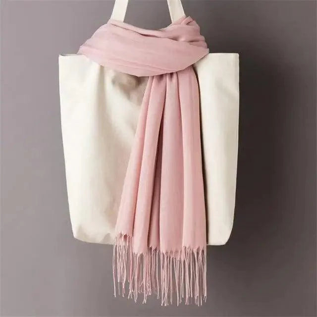 Women’s Winter Wool Scarf – Solid Color Tassel Shawl Wrap