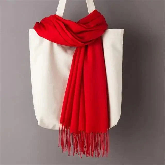 Women’s Winter Wool Scarf – Solid Color Tassel Shawl Wrap