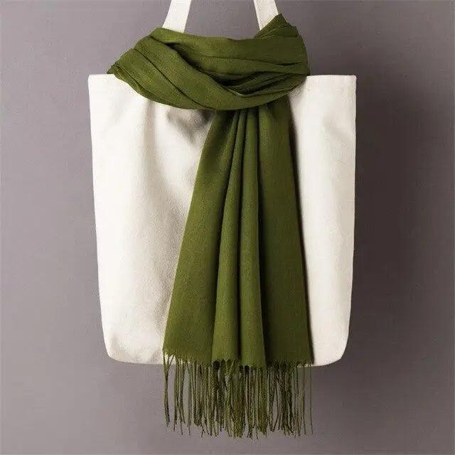 Women’s Winter Wool Scarf – Solid Color Tassel Shawl Wrap
