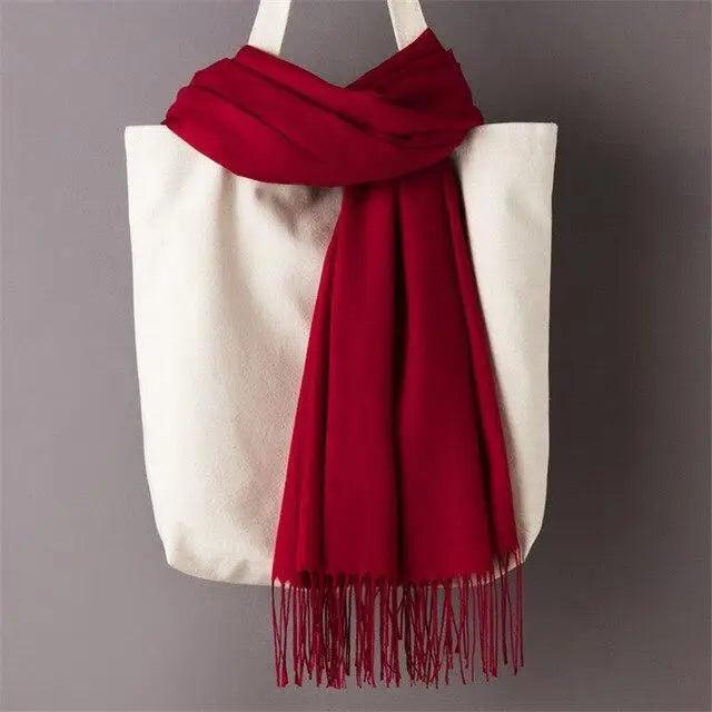Women’s Winter Wool Scarf – Solid Color Tassel Shawl Wrap