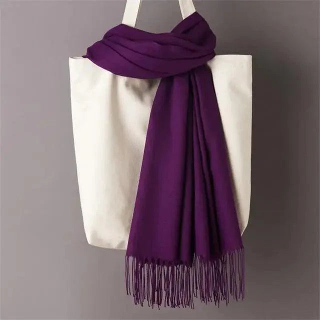 Women’s Winter Wool Scarf – Solid Color Tassel Shawl Wrap