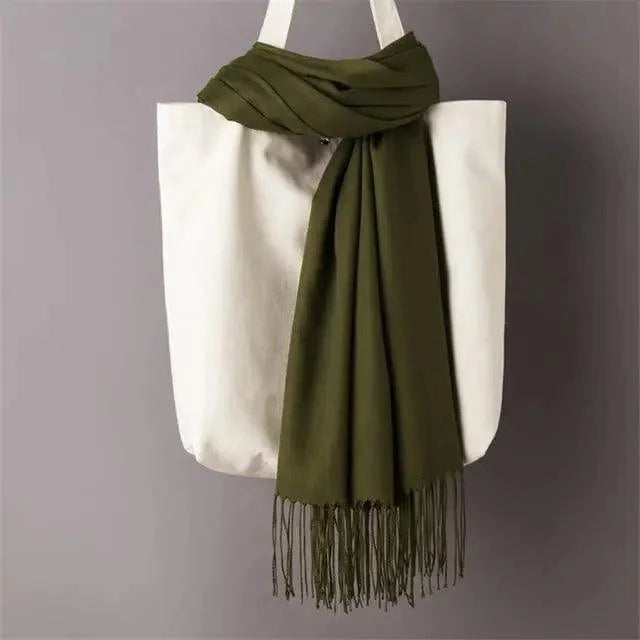 Women’s Winter Wool Scarf – Solid Color Tassel Shawl Wrap