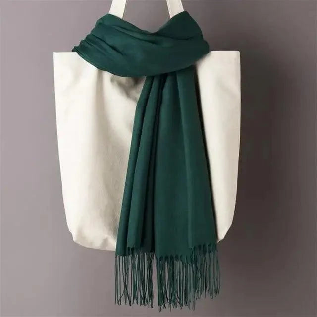 Women’s Winter Wool Scarf – Solid Color Tassel Shawl Wrap