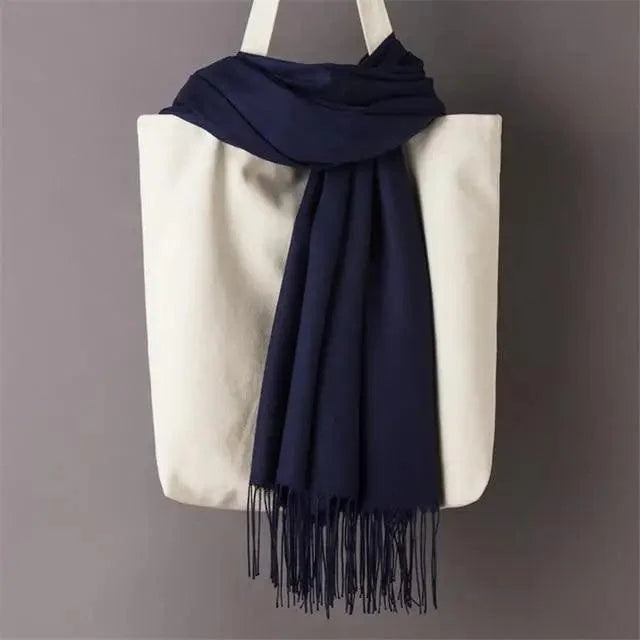 Women’s Winter Wool Scarf – Solid Color Tassel Shawl Wrap