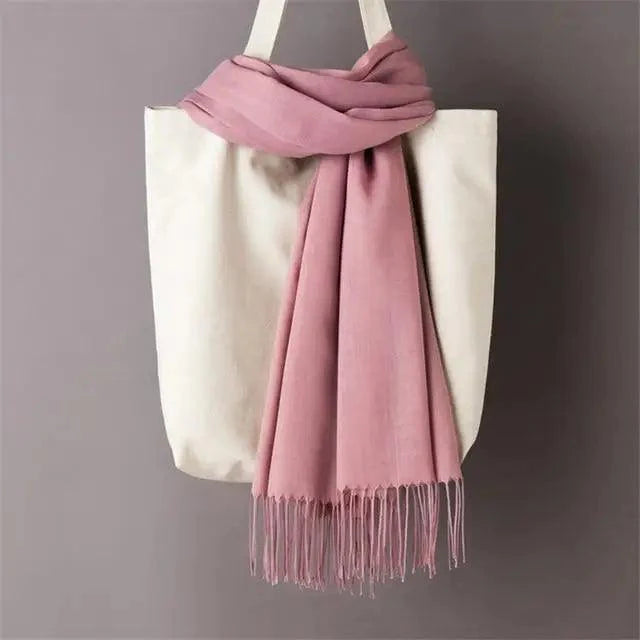 Women’s Winter Wool Scarf – Solid Color Tassel Shawl Wrap