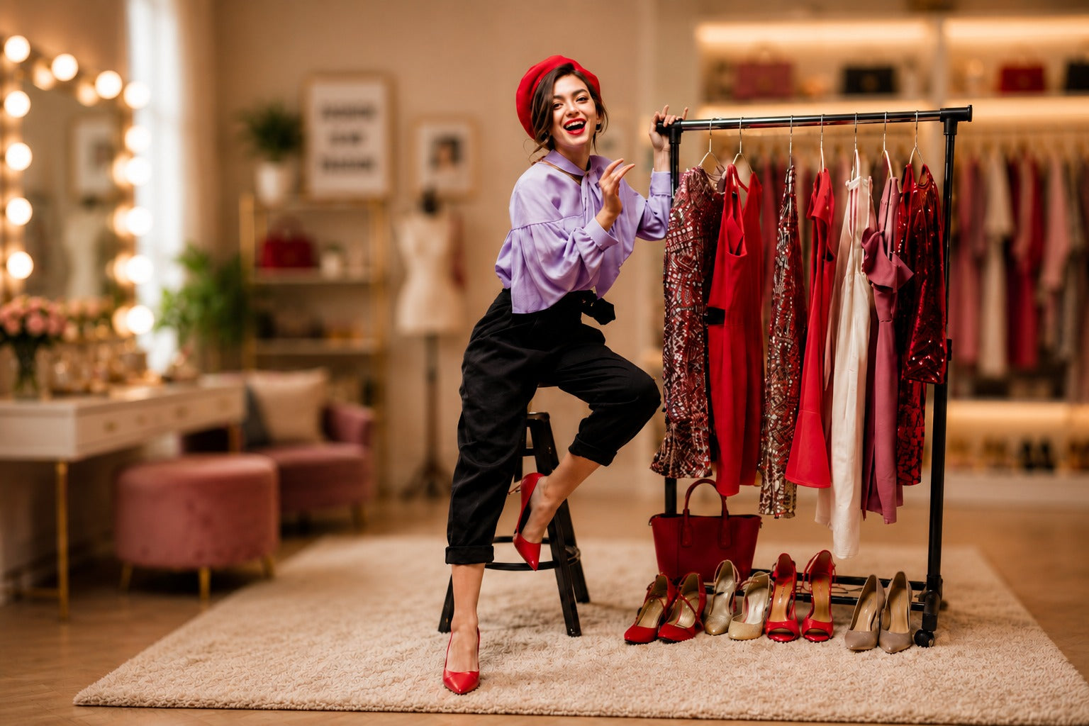 Woman in a clothing store with a rack of dresses and shoes.
